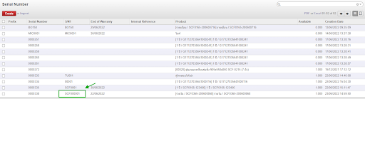 หน้า serial number ที่แสดงบน erp 